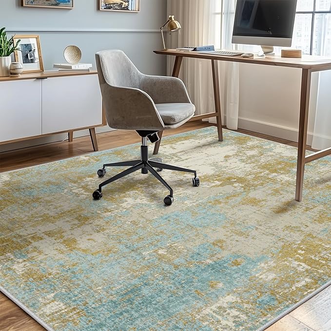 Washable Area Rugs 6'x9' Non-Slip Modern Abstract Soft for Living Room Entryway Bedroom Nursery, Print Pattern, Teal Blue Taupe
