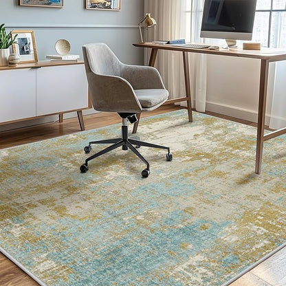 Washable Area Rugs 6'x9' Non-Slip Modern Abstract Soft for Living Room Entryway Bedroom Nursery, Print Pattern, Teal Blue Taupe