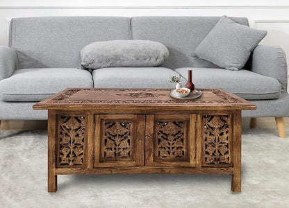 Lightnpro Handmade Wooden Coffee Table - Pre-Assembled Rectangular Foldable Living Room Centre Table with Magazine & Paper Storage, Space-Saving Design - 36 Inch Burnt Antique Finish