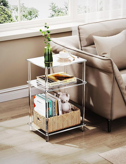 Acrylic Side Table Clear 3-Tier End Table for Living Room, Office, Hallway, Bedroom Small Bedside Table (8mm Thick Shelves)