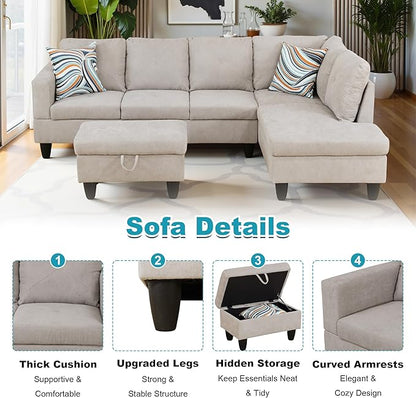 97" Oversized Sectional Couch, L Shaped Couch with Storage Ottoman, Modern Modular Sofa with Deep Seat, Sectional Couches for Living Room and Office, Off-White (Flannelette)