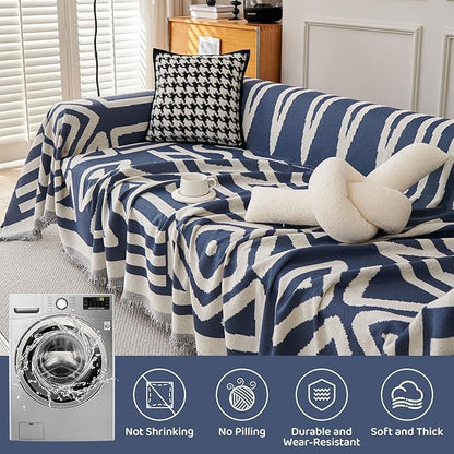 STACYPIK Boho Chenille Blue Sofa Cover L Shaped Couch Cover Reversible Couch Cover for 3 Cushion Couch Non-Silp Furniture Cover for Dogs Cats Sectional Sofa Cover for Loveseat Futon Cover-91X134IN