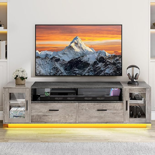 YITAHOME TV Stands for Living Room, Farmhouse TV Stand for 65/70 inch TV, LED TV Entertainment Center with Storage & Power Outlets, TV Console Cabinet, Rustic Grey