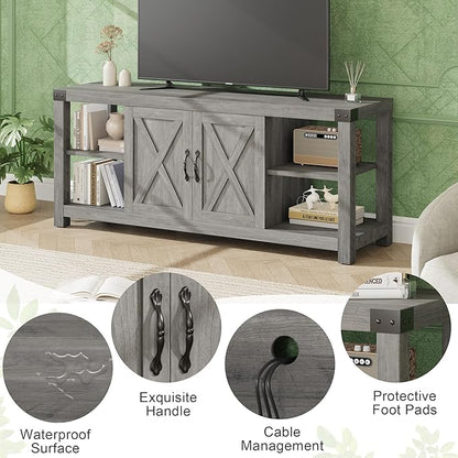 IDEALHOUSE TV Stand for 65 Inch TV, 60 Inch Entertainment Center with Storage, Farmhouse TV Console Table with Shelves,Doors, Modern TV Stand for Living Room, Bedroom - Grey