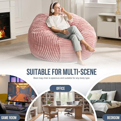 4ft Bean Bag Chairs for Adults Large Beanbag Chair with Stripe Plush Cover Big Bean Bag Chair for Living Room Bedroom Dorm Office
