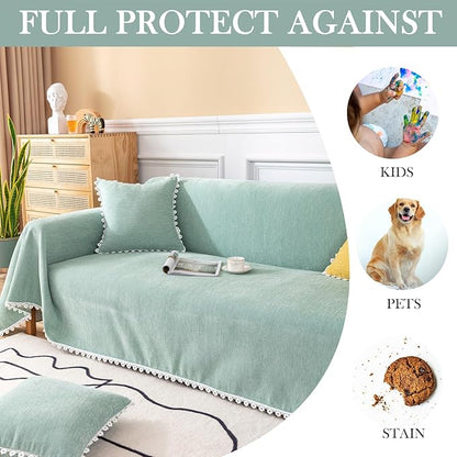 HANDONTIME Cute Sofa Covers Light Green Couch Covers for 3 Cushion Couch Sofa with White Daisy Lace Green Sofa Slipcovers Chenille Couch Cover for Dogs Sectional Sofa L Shape Futon Cover, 71" X118"