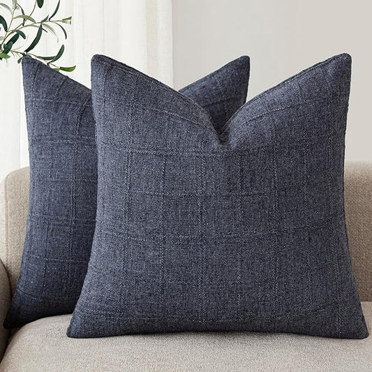 Foindtower Set of 2 Decorative Linen Check Throw Pillow Covers Neutral Farmhouse Vintage Cushion Covers Modern Boho Home Decor for Sofa Chair Couch Bedroom Living Room Outdoor,20×20 Inch,Navy Blue
