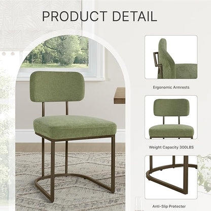 Dining Chairs Set of 4, Upholstered Modern Kitchen Chairs with Ergonomic Backrest, Fabric Cushion Seat & Metal Legs for Living Room, Restaurant, and Café, Green, 2Boxs