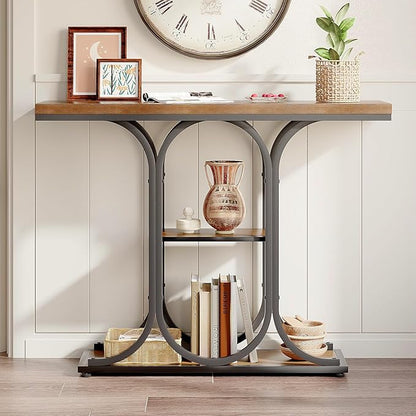 GiftGo Narrow Console Table for Entryway Industrial Sofa Table Behind Couch Ellipse Frame Rustic Wooden Accent Tables with Storage Shelves for Living Room, Hallway, Foyer (Brown)