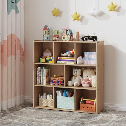 3-Tier Montessori Solid Wood Shelves Toy Organizers and Storage,8-Compartment Storage Cabinet with 4 Wheels,for Toddler Kids Room,Playroom,Classroom,Nursery,Kindergarten