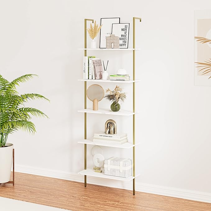 5 Tiers Ladder Shelf White Marble Modern Bookshelf Open Tall Wall Mount Bookcase Standing Leaning Wall Shelves Industrial Decorative