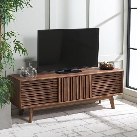 SAFAVIEH ESMA TV Stand for up to 65" Flatscreen – Walnut Brown, Sliding Doors with Interior Storage, Entertainment Media Console (MED9640A)