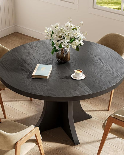 LITTLE TREE Round Dining Table for 4-6, 47.24 Inches Farmhouse Wooden Kitchen Table with Spacious Tabletop for Dining Room, Black