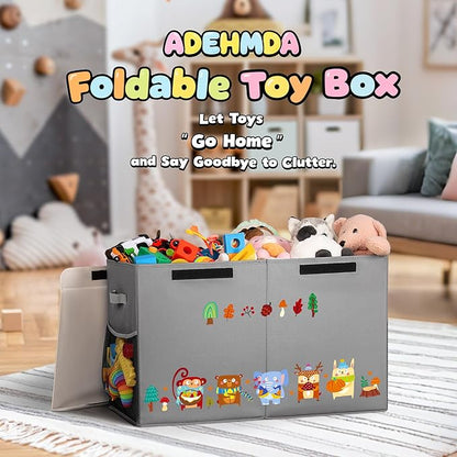 80L Large Toy Storage Box with Lid, Large Toy Box Chest for Kids, Girls and Boys, Nursery Room and Living Room, 26"x13" x16" (grey-animal)