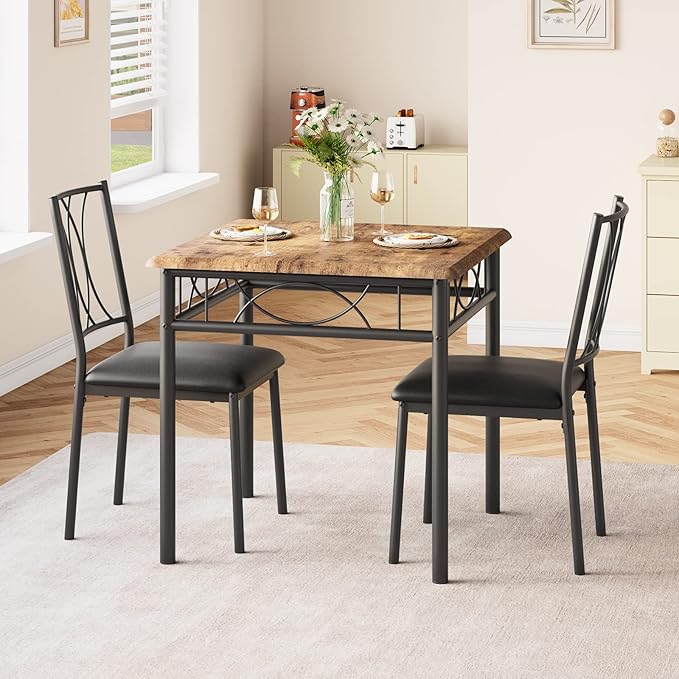 Dining Table Set for 2, Kitchen Table with 2 Upholstered Chairs, Wood 3-Piece Kitchen Dining Room Table Set for Apartment, Small Space, Space Saving, Retro Brown