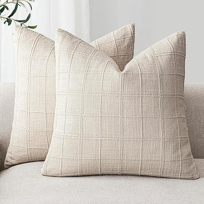 Foindtower Set of 2 Decorative Linen Check Throw Pillow Covers Neutral Farmhouse Vintage Cushion Covers Modern Boho Home Decor For Sofa Chair Couch Bedroom Living Room Outdoor,18×18 Inch,Natural Beige