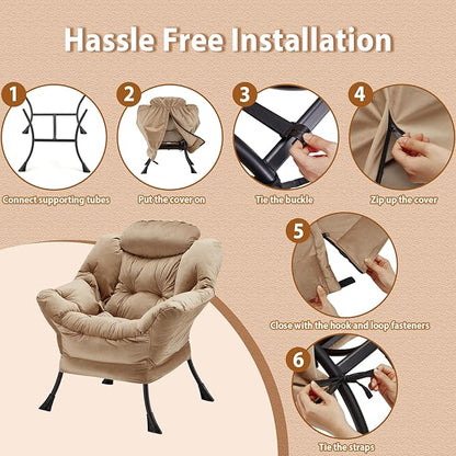 Lazy Chair Thick Padded, Comfy Velvet Accent Lounge Chair with Stable Frame, Leisure Sofa Armchair with Armrests and Side Pocket, Reading Chair for Bedroom, Living Room, Office, Khaki