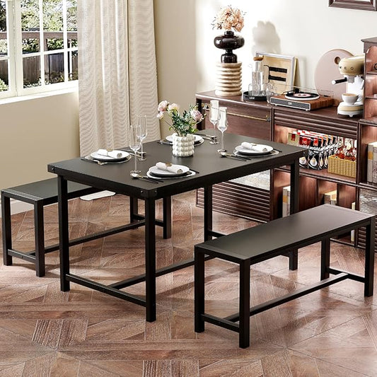 Garvee Dining Table Set for 4, Kitchen Table with Benches, 3 Piece Rectangular Dining Room Set with 2 Wooden Benches for Small Space, Apartment, Studio, Home, Rustic Black