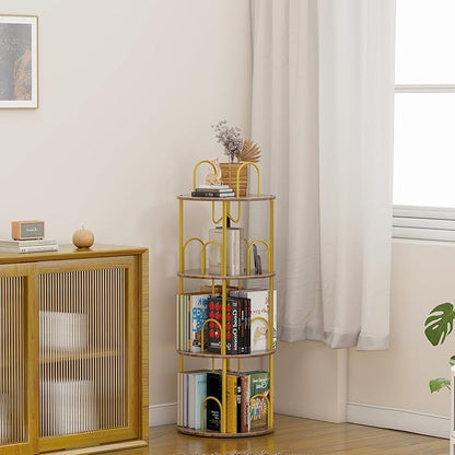 3 Tier Rotating Bookshelf, 360° Spinning Bookshelf Tower, Round Narrow Space Saving for Books and Display, Revolving Bookcase Corner Tall Book Shelf for Small Spaces, Bedroom, Living Room, Gold