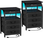 End Tables Set of 2, Nightstands with Charging Station and LED Lights, 3 Drawers Fabric Dressers, Storage Side Tables for Bedside, Living Room, Modern Black