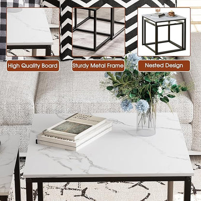 Garden 4 you Coffee Table Set of 2, Modern Faux Marble Nesting Table, Metal Frame Square Center Table Set, Side Tables, Nesting Coffee Table for Living Room, Bedroom and Small Spaces, 19.7in Black