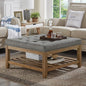 24KF Large Square Upholstered Tufted Linen Ottoman Coffee Table, Large Footrest Ottoman with Solid Wood Shelf-Granite