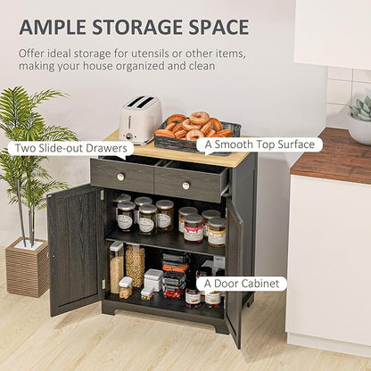 HOMCOM Sideboard with Solid Wood Countertop, Modern Kitchen Storage Cabinet, Coffee Bar Cabinet with 2 Drawers, Doors and Adjustable Shelf, Distressed Black