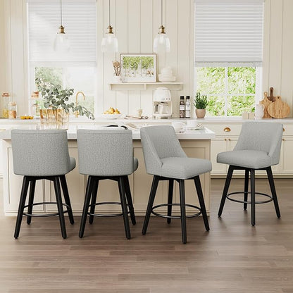 Vipbear Swivel Counter Height Bar Stools Set of 4,26.8" H Counter Stools with Back, Mid Century Modern Bar Stools for Kitchen Island,Linen Fabric,Wooden Base, Light Gray