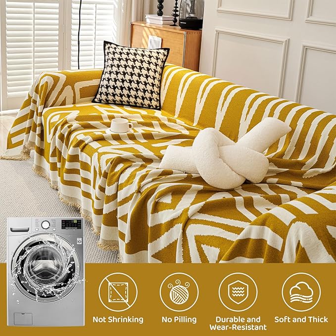 STACYPIK Mustard Yellow Boho Sofa Cover Couch Cover Reversible Jacquard Furniture Protector for 3 Cushion Couch L Shaped Sofa Slipcover Non-Silp Sofa Cushion Covers for Sectional with Tassels-91X150IN