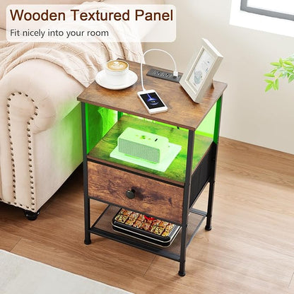 Night Stand Set 2, LED Nightstand with Charging Station, End Tables Living Room with Fabric Drawer for Small Spaces, Side Tables with Storage Shelf for Bedroom, Brown HETS01PBR