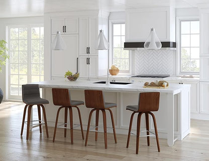 Armen Living Vienna 26" Swivel Counter Stool in Walnut Wood Finish with Gray Faux Leather - Set of 2