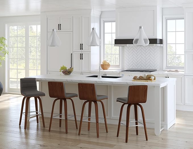 Armen Living Vienna 26" Counter Height Swivel Grey Faux Leather and Walnut Wood Bar Stool