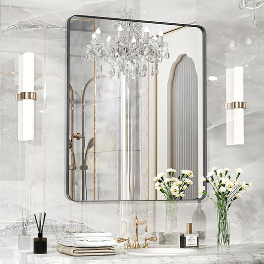 Fun Memories Wall Mirror for Bathroom, 40x32 Inch Black Bathroom Mirror, Rectangular Wall Mounted Decorativ, Rounded Corner, Aluminum Alloy Frame, Farmhouse, Hangs Horizontal or Vertical