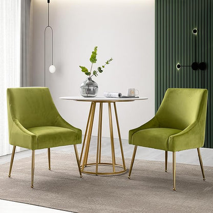 Modern Velvet Dining Chairs Set of 2, Contemporary Upholstered Furniture Collection with Polished Gold Metal Legs, Elegant Accent Chairs for Kitchen Living Room(Yellow Green)