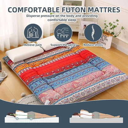 Bohemian Retro Japanese Floor Mattress, Vintage Floral Tatami Floor Mat, Portable Roll up Futon Mattress for Guest,Tavel (C,Twin 80" x 36")