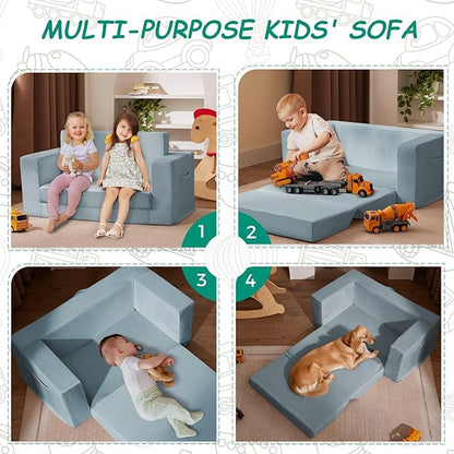 Kids Couch, 2-in-1 Toddler Chair Comfy 1-3 Years, Convertible Kids Chair, Toddler Couch That Fold Out, Kid Lounge Chairs for Boys and Girls, Soft Coral Fleece, Double, Blue