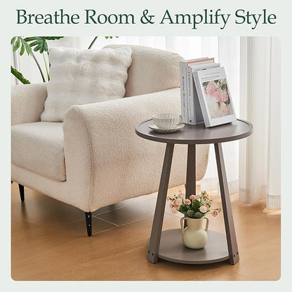 Round Solid Wood Side Table - Small Round Wooden End Table, Modern Living Room Beside Side Tables with Shelf for Couch Sofa Bedroom, Gray, 19.6 in x 19.6 in x 23.6 in