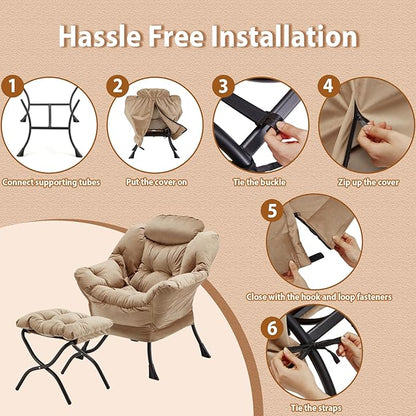 Lazy Chair with Folding Ottoman, Accent Chair Velvet Upholstered with Metal Structure and Non-Slip Pads, Sofa Armchair with Footrest and Side Storage Bag for Dorm, Room, Office, Khaki