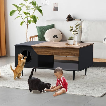 GAOMON Black Coffee Table 45'' Cat Living Room Tables with Storage Drawer, Wooden Rustic Coffee Table with Cat House, Multifunctional Hidden Kitty Litter Box Furniture