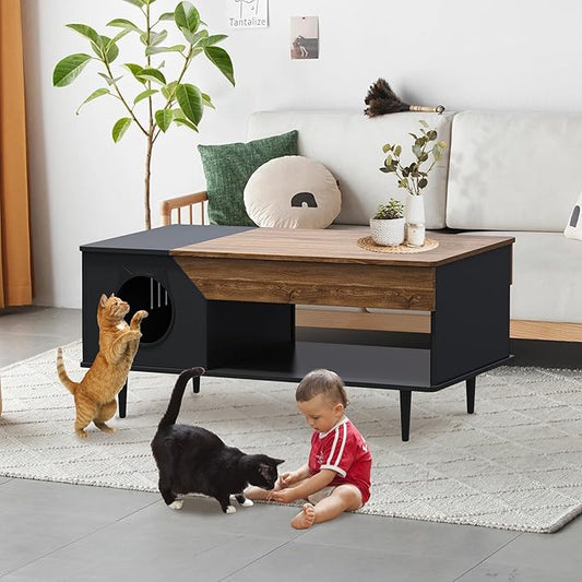 GAOMON Black Coffee Table 45'' Cat Living Room Tables with Storage Drawer, Wooden Rustic Coffee Table with Cat House, Multifunctional Hidden Kitty Litter Box Furniture