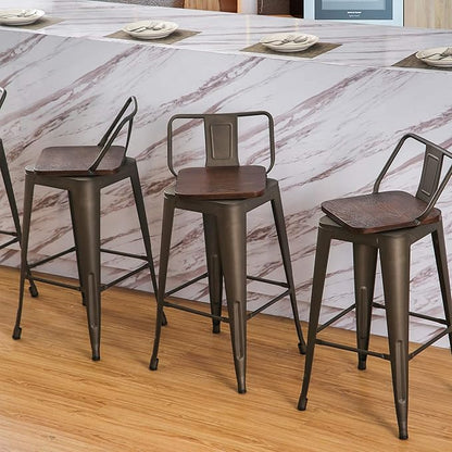 26 Inch Swivel Bar Stools Set of 4 with Backs Counter Height Industrial Metal Barstools Island Bar Chairs for Home Kitchen Dining Room (Swivel 26 inch,Rusty Wooden)