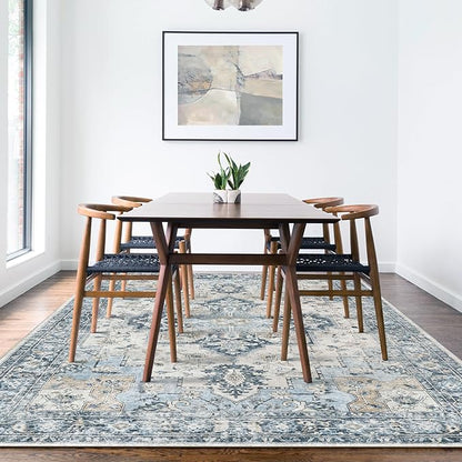 GENIMO 5x8 Area Rugs for Living Room, Machine Washable Low Pile Rugs, Chenille Non Alip Vintage Rug for Bedroom, Dining Room, Home Office, Blue