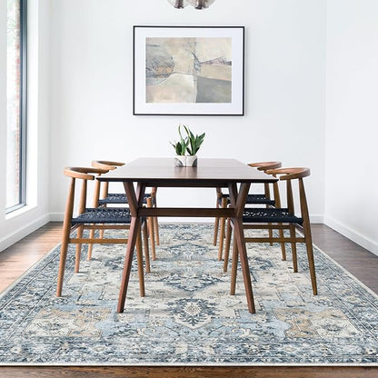 GENIMO 3x5 Area Rugs for Living Room, Machine Washable Rug, Non Slip Vintage Rugs, Low Pile Lightweight Chenille Print Rug for Bedroom, Dining Room, Home Office, Blue