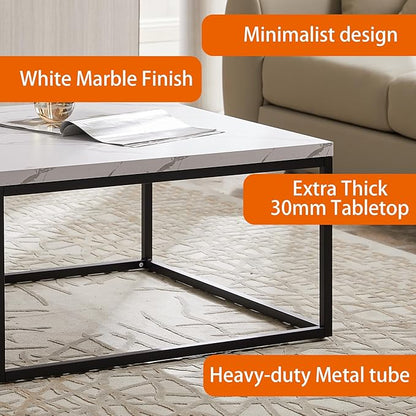 CENSI 40-Inch Marble Accent Coffee Table Ottoman for Living Room, Rectangle, Mid-Century Modern Industrial Style, Extra Thick Top, Wood and Metal (White Marble)