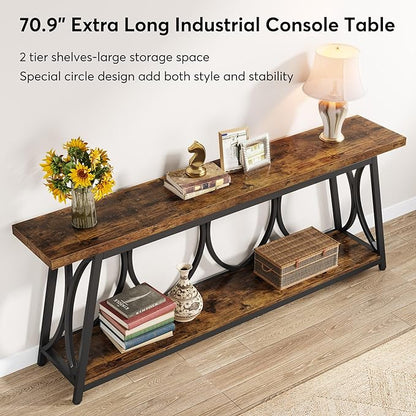 Tribesigns 70.9 inch Extra Long Console Table, Industrial Sofa Table Behind Couch with 2 Tier Storage Shelf, Narrow Entryway Hallway Accent Table for Living Room, Rustic Brown
