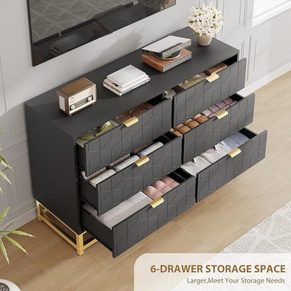 GAOMON Black Dresser for Bedroom,Modern 6 Drawer Double Dresser with Gold Handles,Long Storage Organizer for TV Stand & Closet,Large Chest of Drawers for Living Room,Hallway,Entryway