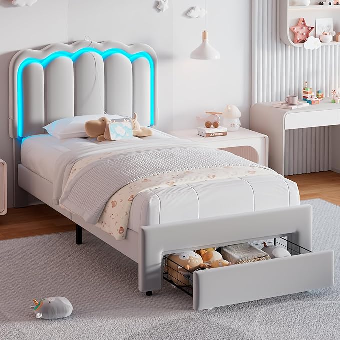 Twin Upholstered LED Bed Frame with Storage Drawer and Adjustable Chic Double Wavy Headboard, Velvet Prince Platform Bed for Boys/Kids, Solid Wood Slats Support, No Box Spring Needed, Grey