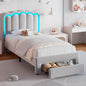 Twin Upholstered LED Bed Frame with Storage Drawer and Adjustable Chic Double Wavy Headboard, Velvet Prince Platform Bed for Boys/Kids, Solid Wood Slats Support, No Box Spring Needed, Grey