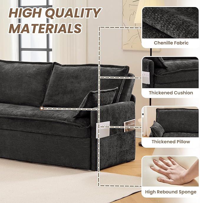 Furnimart 59.5" Queen Size Pull Out Sofa Bed, 3 in 1 Convertible Sleeper Bed with USB/C-Type Charging Ports & Side Pockets, Modern Futon Couch for Living Room, Apartment, RV, Chenille Black