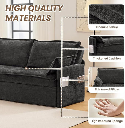 Furnimart 59.5" Queen Size Pull Out Sofa Bed, 3 in 1 Convertible Sleeper Bed with USB/C-Type Charging Ports & Side Pockets, Modern Futon Couch for Living Room, Apartment, RV, Chenille Black
